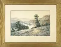 Fred Rohr, River Valley, Watercolor scene shows a winding river through low hills with one side having steep cliffs. A spring/summertime scene