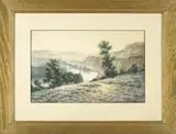 Fred Rohr, River Valley, Watercolor scene shows a winding river through low hills with one side having steep cliffs. A spring/summertime scene