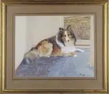 M. Alizon Edmunds, The Laird, Fine watercolor of a reclining Collie dog on blue tile floor