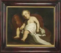 Horace Bundy, Sleeping Child, Oil on canvas interior scene shows a young child wrapped in white sheet asleep in a small cushioned bed