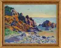 Bathing Beach Ogunquit, Maine by Anne Cary Bradley, Oil on board scene shows a sandy and rock beach that ends at large rocks. Birds are flying in a colorful sky, offered Jan 2008