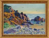 Anne Cary Bradley, Bathing Beach Ogunquit, Maine, Oil on board scene shows a sandy and rock beach that ends at large rocks. Birds are flying in a colorful sky