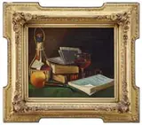 Maurice Abraham Waas, Still Life with Wine, Pipe and Books, Oil on canvas tabletop scene shows a bottle of Chianti, pipe, glass of wine and books on a green tablecloth