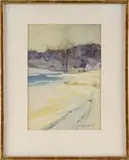 Carl Harold Nordstrom, Winter Landscape, Watercolor scene shows a river winding through a hillside town, the river having snow covered grass banks