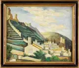 Andrew Lhote, Mountainside Village, Oil on canvas scene shows a grouping of white stucco houses on a mountain top with wall and stairway to summit