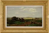 Logging the Fields by Henry Milton Wilson, Oil on canvas scene shows two men with a team of horses and large wagon harvesting logs from a cleared field, offered Jan 2008