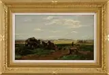 Henry Milton Wilson, Logging the Fields, Oil on canvas scene shows two men with a team of horses and large wagon harvesting logs from a cleared field