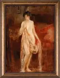 Maurice Fromkes, Interior Nude, Oil on canvas interior scene shows nude woman with sheer cloth held over part of her body