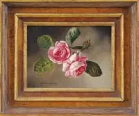 John Lancaster, Pink Roses, Oil on board, still life scene shows two pink roses with green leaves and bud against a light and dark gray background