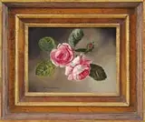 John Lancaster, Pink Roses, Oil on board, still life scene shows two pink roses with green leaves and bud against a light and dark gray background