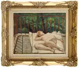 Henry Varnum Poor, Nude on the Roof, Oil on canvas laid on panel shows a nude woman lying on a white blanket on a roof with red railing