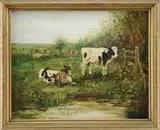 Signed, Cows in a Pasture, Oil on canvas scene shows several cows in a green pasture. Three cows are next to water in the foreground