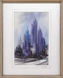 Unsigned, Midtown, New York City, Watercolor scene shows large skyscrapers from a park like setting