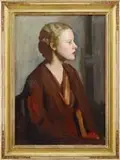 Beulah Selesnick, Portrait of a Woman, Oil on canvas Boston School portrait shows a seated woman in side view against a grayish background