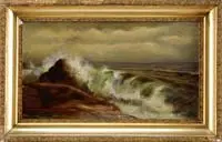 The Wave by Lionel Walden, Oil on canvas scene shows a large wave crashing on to smooth rock ledge. The sea is shown under dark cloud sky, offered Jan 2008