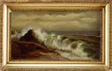 Lionel Walden, The Wave, Oil on canvas scene shows a large wave crashing on to smooth rock ledge. The sea is shown under dark cloud sky