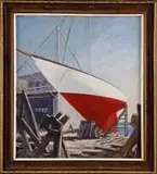 Andrew Boardo Lund, Sloop at Dry Dock, Oil on canvas scene shows a large red and white hulled sloop next to a building ready for fitting