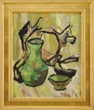 William H. Johnson, Fauvist Still Life, Oil on canvas scene shows a green vase with bowl against a mottled background