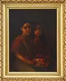 George Henry Hall, The Girls from Seville, Charming oil on canvas portrait of two young girls seated holding an arrangement of roses and colorful grapes