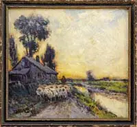 Home from the Field by Arthur Diehl, Oil on board scene shows a shepherd with sheep on a dirt road next to a farmhouse with setting sun in the background, offered Jan 2008