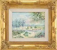 John Clymer, Pastel Summer Scene, Oil on canvas scene shows four red roof buildings beyond trees and water