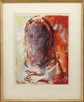 Lenore Fini, My Pet Bird, Gouache on paper portrait of a young girl with her arm at chest holding a small bird
