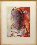 Lenore Fini, My Pet Bird, Gouache on paper portrait of a young girl with her arm at chest holding a small bird