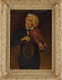 The Street Musician by John George Brown, Oil on canvas portrait of an older man playing the violin with his hat hanging off the front button, offered Jan 2008