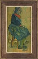 Village Resident by Elsie Rubin, Oil on board scene shows a woman seated on a tall stool. She wears a green and red dress and a scarf in her hair, offered Jan 2008