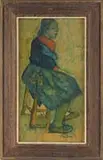 Elsie Rubin, Village Resident, Oil on board scene shows a woman seated on a tall stool. She wears a green and red dress and a scarf in her hair