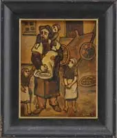 A. Smith, Refugee Family, Mixed Media scene shows a man with three small children standing in front of a broken cart
