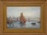 R Malcolm Lloyd, Busy Harbor, Watercolor and gouache harbor scene shows a busy harbor with sailboats, steamships and rowboats