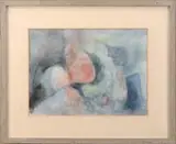 Charles E. Martin, Rocks Along the Shore, Impressionistic watercolor shows round objects in light red and blue colors