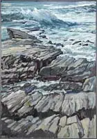 Coastal Ledge by James E. Hughes, Large oil on canvas coastal scene shows a jutting rock ledge being pummeled by large waves, offered Jan 2008