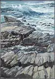 James E. Hughes, Coastal Ledge, Large oil on canvas coastal scene shows a jutting rock ledge being pummeled by large waves