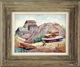 Nicholas Luisi, Boat at Dry Dock, Oil on board scene shows a motor boat up on land on cradle. A large building is seen beyond large rock