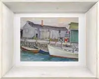Nicholas Luisi, Boats at Dockside, Watercolor scene shows a motor boat and two small boats moored along a dock with two men and buildings