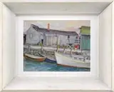 Nicholas Luisi, Boats at Dockside, Watercolor scene shows a motor boat and two small boats moored along a dock with two men and buildings