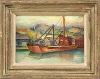 Nicholas Luisi, Quarry Boat, Oil on artist board scene shows a red boat next to buildings with hills in background