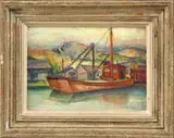 Nicholas Luisi, Quarry Boat, Oil on artist board scene shows a red boat next to buildings with hills in background