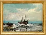 P. H. Drallod, The Shipwreck, Oil on board beach coastal scene shows a two-mast vessel on beach with waves and rocks