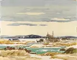 Lester George Hornby, Winter at the Essex Boatyard, Watercolor scene shows boat hull skeleton in wooden cradle in boatyard with frozen water and snow