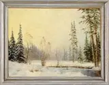 F. Winter, Sunlit Snow Scene, Oil on canvas scene shows the sun rising on a recent snowfall in a field with water surrounded by trees