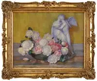 Franz Huth, Still Life of Roses and Statue, Watercolor tabletop scene shows a low bowl of white and pink roses having a classical statue behind