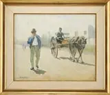 Manuel Vidal Barros, Contra Luz, Oil on masonite scene shows a man walking beside a horse drawn cart with a stucco building behind