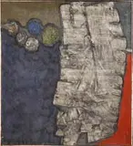 René Acht, Abstract in Blue, White and Red, Large oil on canvas shows abstract shapes in different colors