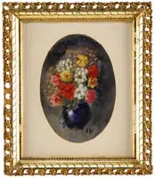 Louis Valtat, Vase of Flowers, Oil on canvas laid on board still life scene shows a blue/black vase with colorful bouquet of flowers
