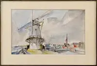 Jacques Ceria Despierre, Two Works: Dutch Windmill and Tending the Garden, 1) Watercolor scene shows a large windmill next to water with bridge, town and sailboats