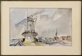 Jacques Ceria Despierre, Two Works: Dutch Windmill and Tending the Garden, 1) Watercolor scene shows a large windmill next to water with bridge, town and sailboats