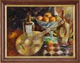 Signed, Still Life with Mandolin, Oil on masonite tabletop scene shows three bottles, compote of fruit and a mandolin on a checkered tabletop